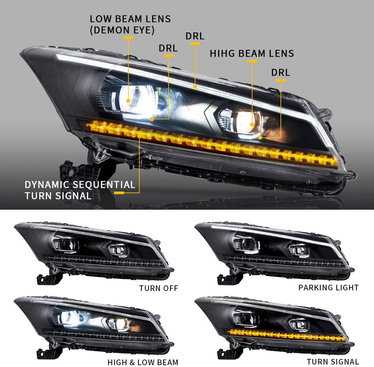 Honda Accord LED Projector Headlights Assembly with Sequential Turn Signal